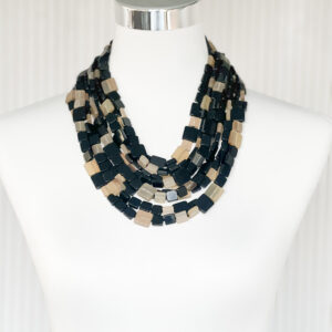 Handcrafted layered buffalo horn statement necklace with black and natural square beads